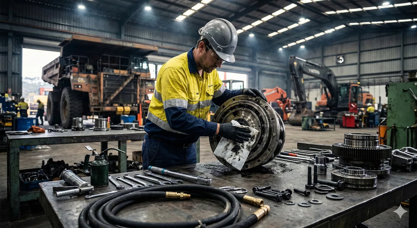 Technician cleaning a haul truck component in a mining maintenance workshop