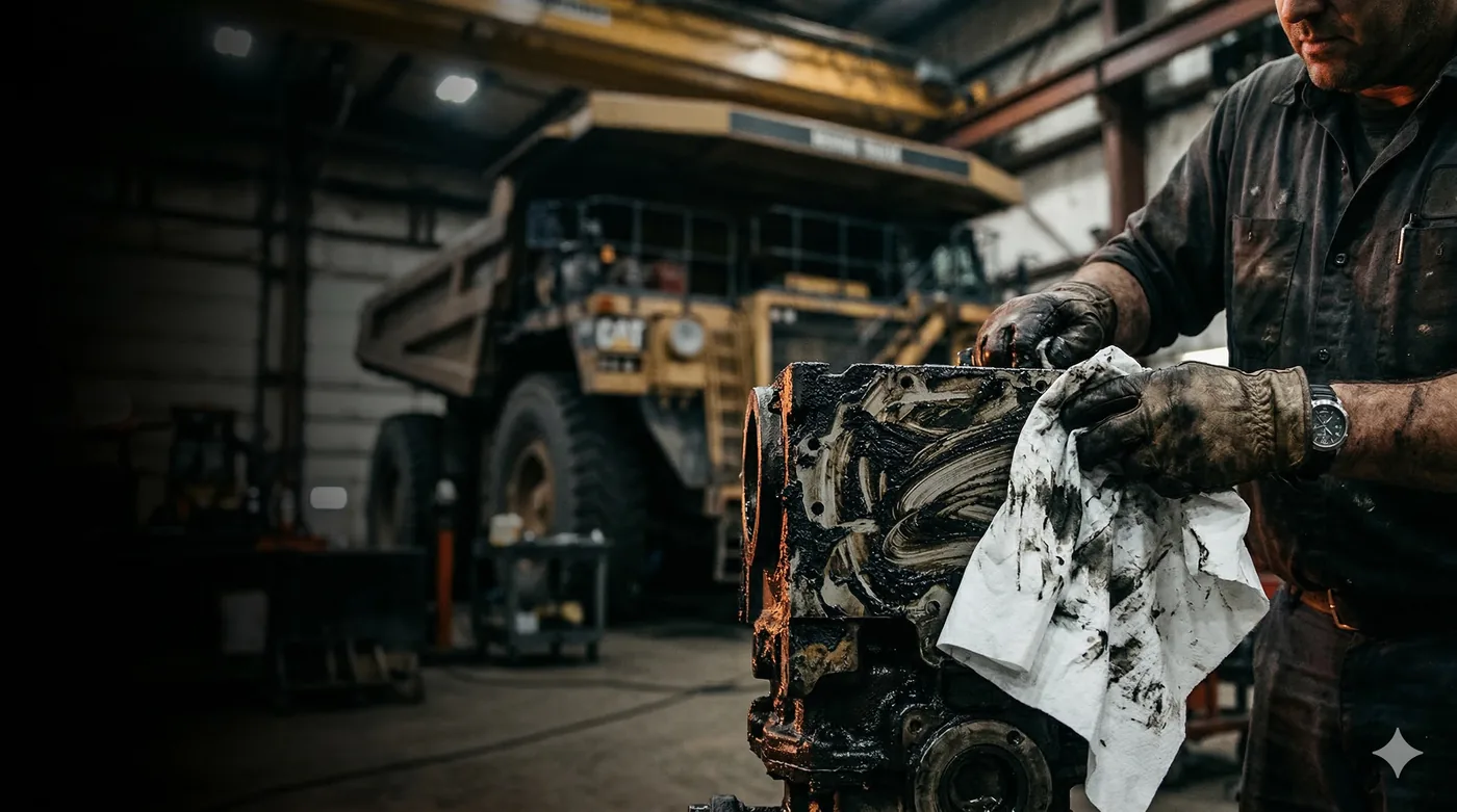 Worker using a Purion wipe on a haul truck engine in a mining workshop