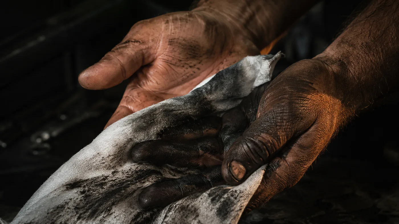Grease-covered hands cleaned with a Purion industrial wipe
