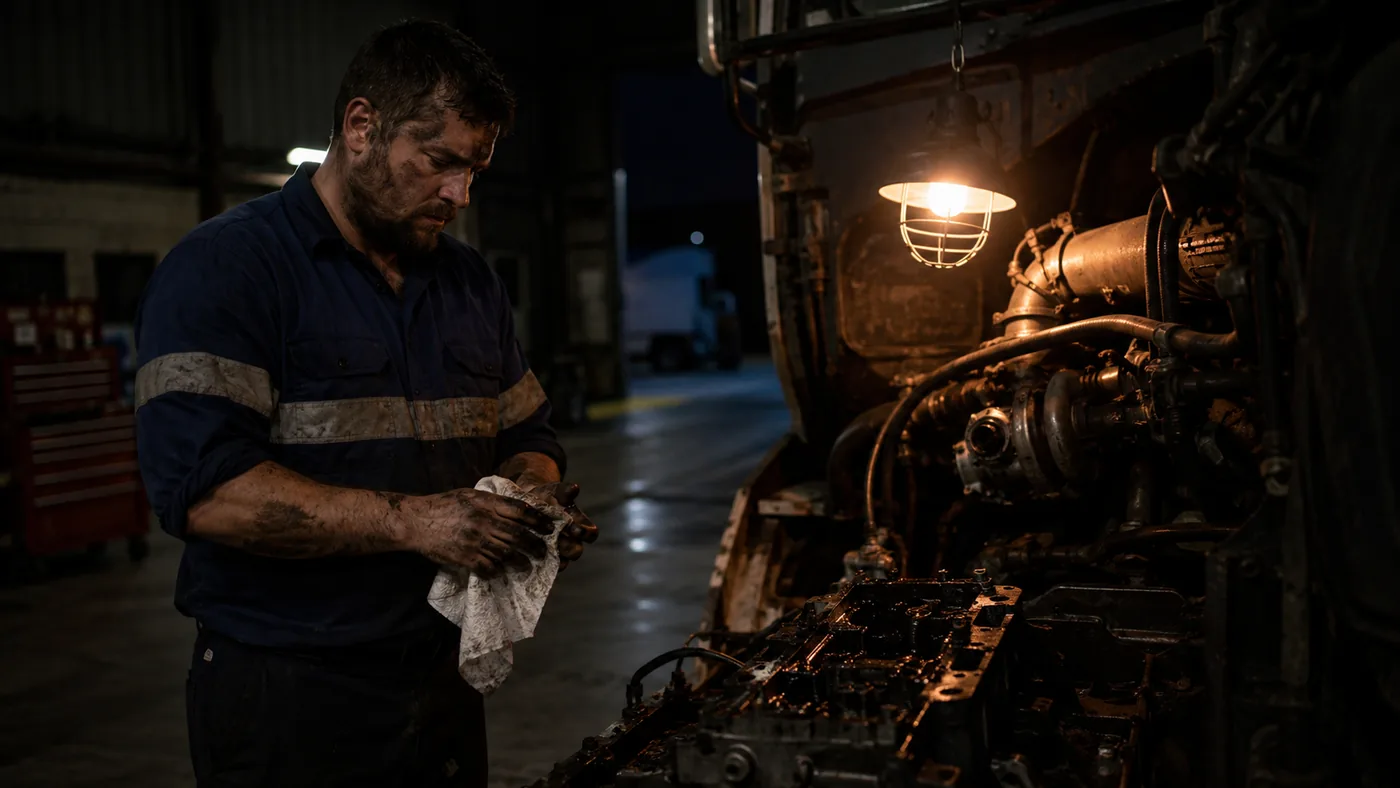 Mechanic cleaning hands with a Purion wipe in a heavy diesel workshop
